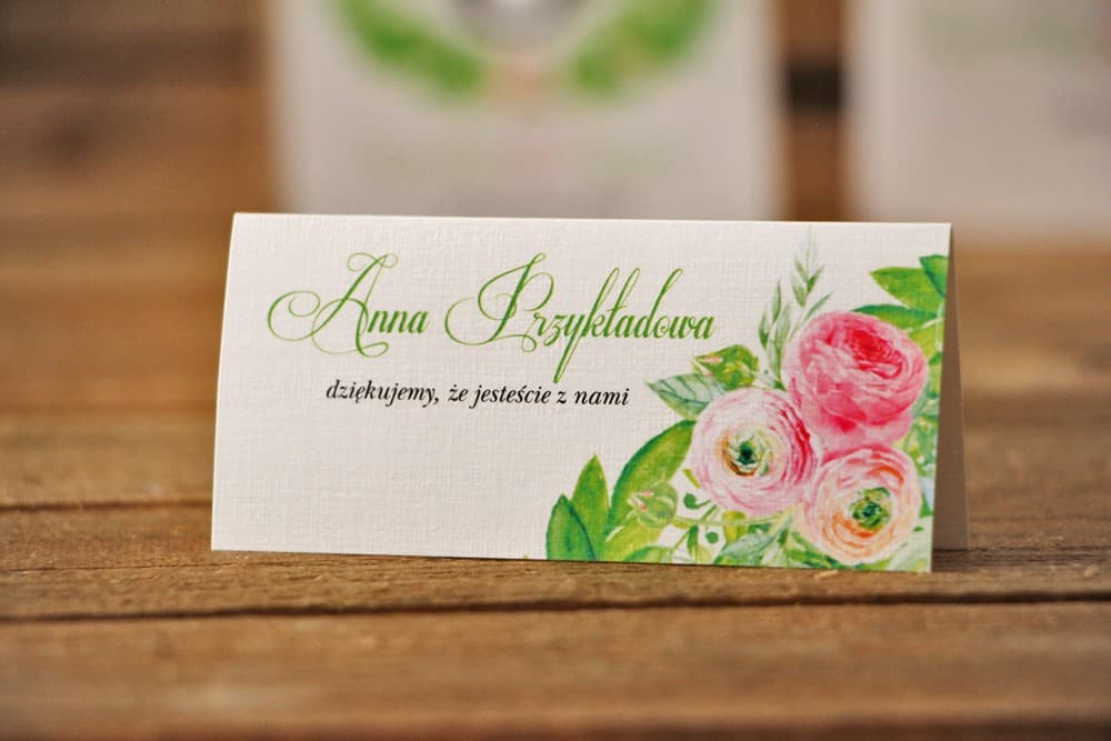 Marcasitios para mesa de boda - Acuarela n.º 22 - Ranúnculos rosas con verde