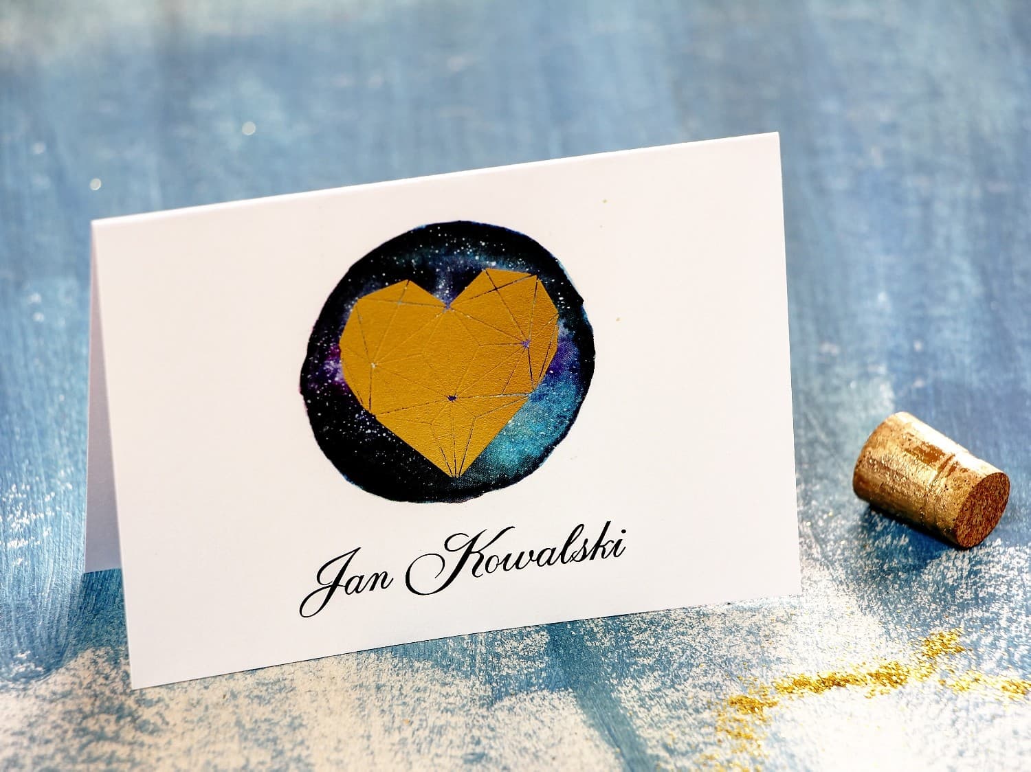 Marcasitios de boda con dorado, motivo de corazón geométrico dorado sobre fondo de cielo nocturno - Noche de Luna nº 3