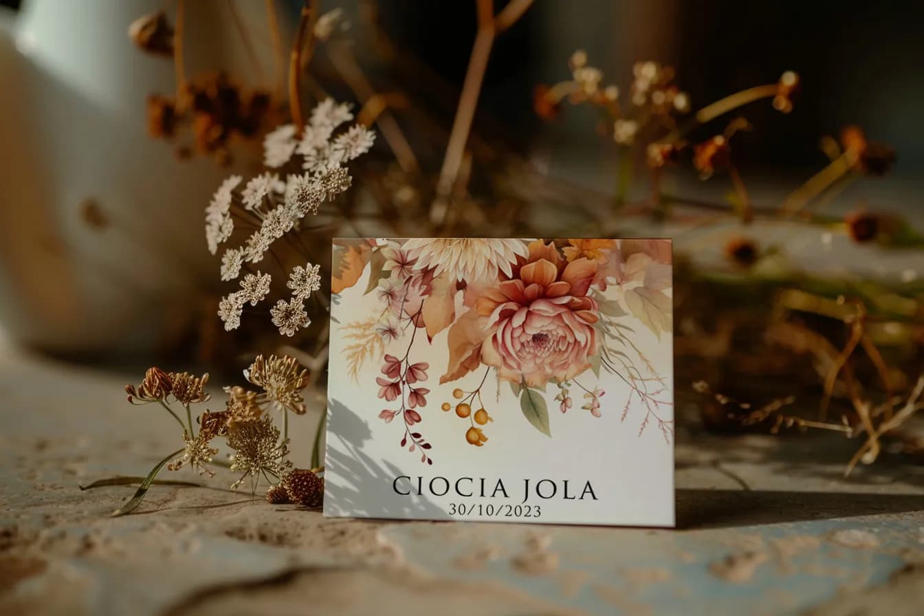 Marcasitios de Boda Impresja n.º 2 – Tarjetas de Mesa de Otoño con Crisantemo y Eucalipto