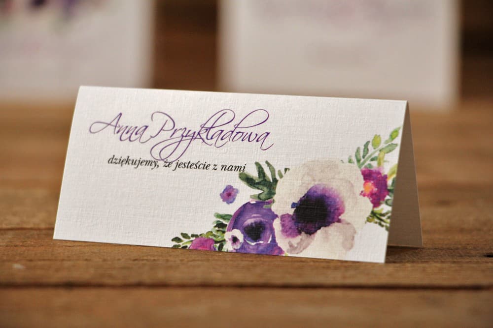 Marque-place mariage aquarelle fleurs violettes Marque-places pour table de mariage - Aquarelle n° 11 - Fleurs violettes