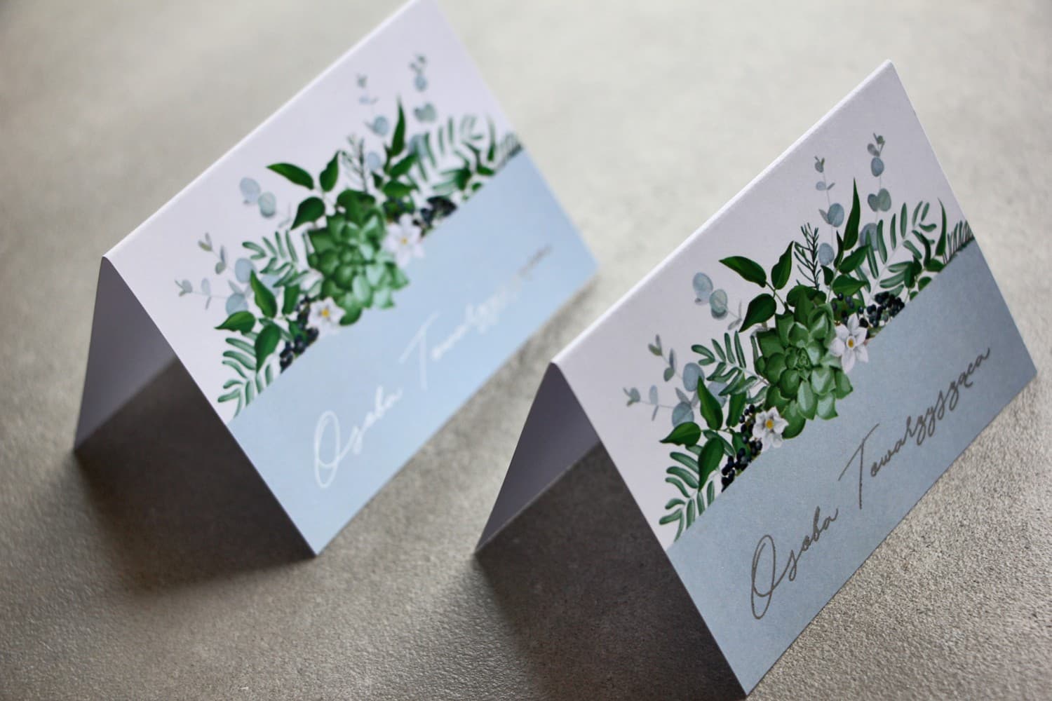 Marque-place de mariage Sorento n° 17 eucalyptus Marque-places de table avec eucalyptus et argenture