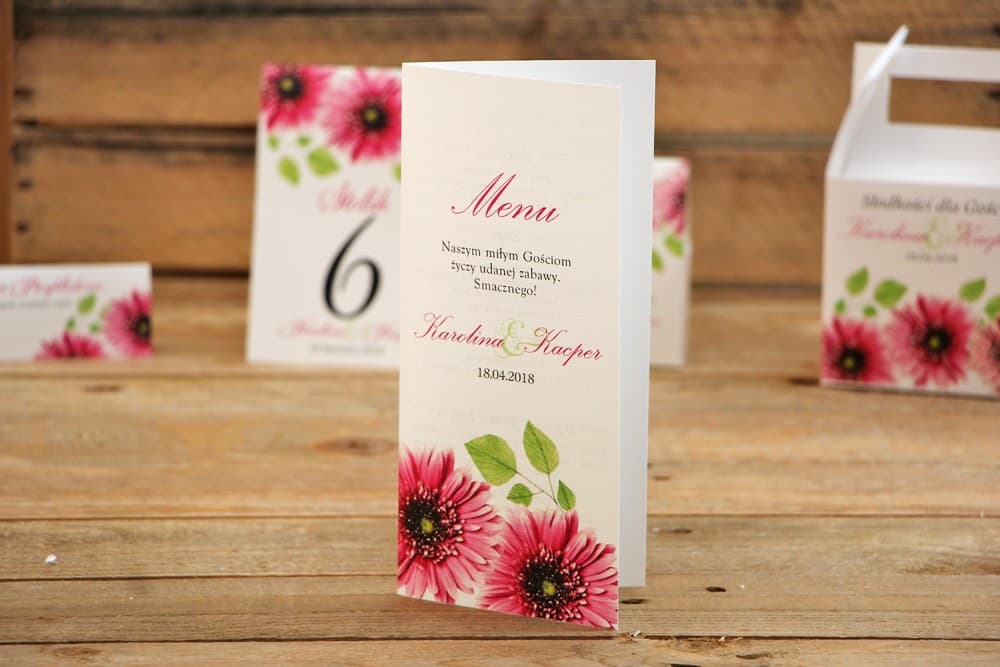 Menú de Boda con Gerberas Rosas Acuarela, Vertical | Carta de Platos Personalizada | Acuarela nº 20