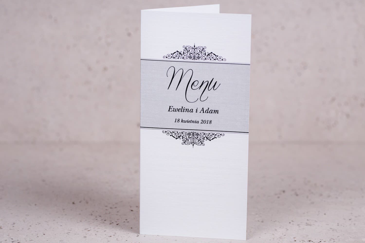 Eleganckie menu weselne stojące, papier lniany | Karta menu na stół weselny | Arte nr 3