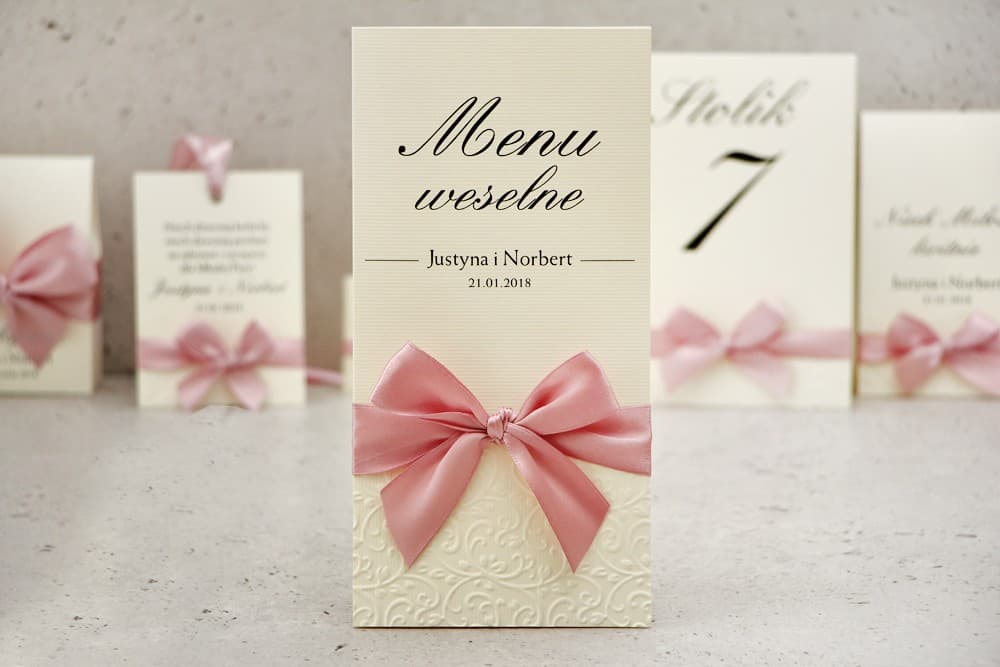 Eleganckie Menu Weselne Składane z Kokardką, Papier Ozdobny | Klasyczne Karty Menu na Stół | Belisa nr 3