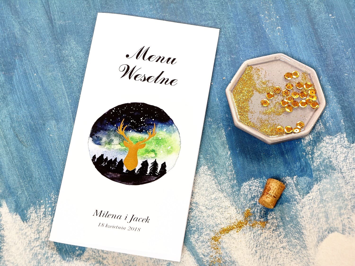 Menú de Boda Dorado con Ciervo | Elegante Carta de Menú para Mesa de Bodas | Noche de Luna nº 7