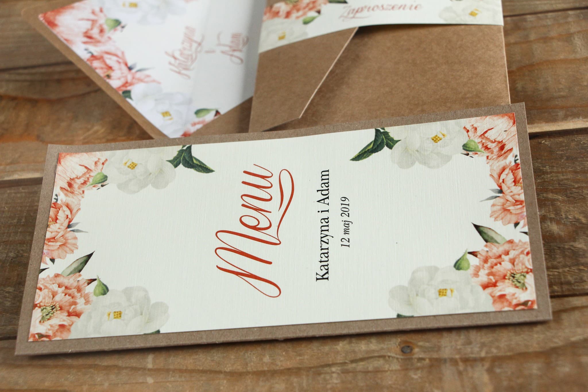 Menú de Boda Ecológico con Peonías | Carta de Menú Rústica Kraft | Kraft n.º 1