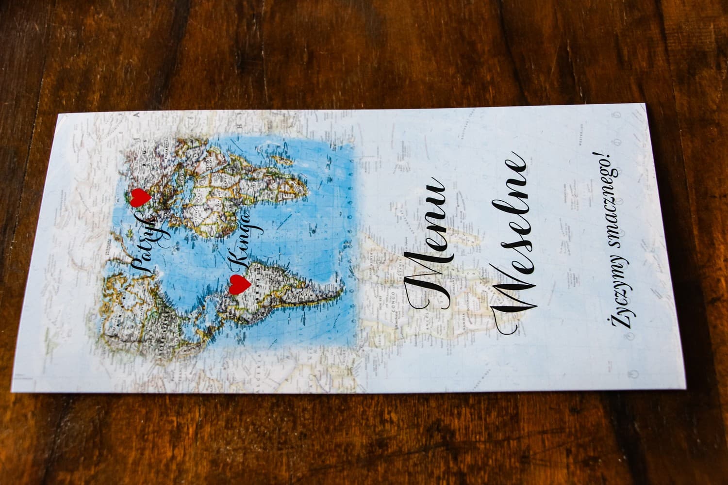 Menú de Boda con Motivo de Mapa del Mundo, Personalizado | Carta de Menú de Mesa Estilo Viajero | Mapa de Sentimientos nº 3