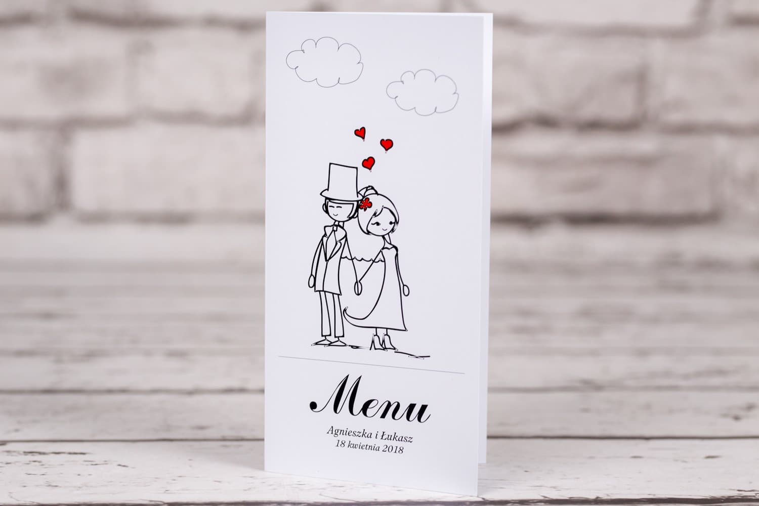 Menú de Boda con Dibujo de Pareja de Novios | Carta de Platos Personalizada | Bueno n.º 9