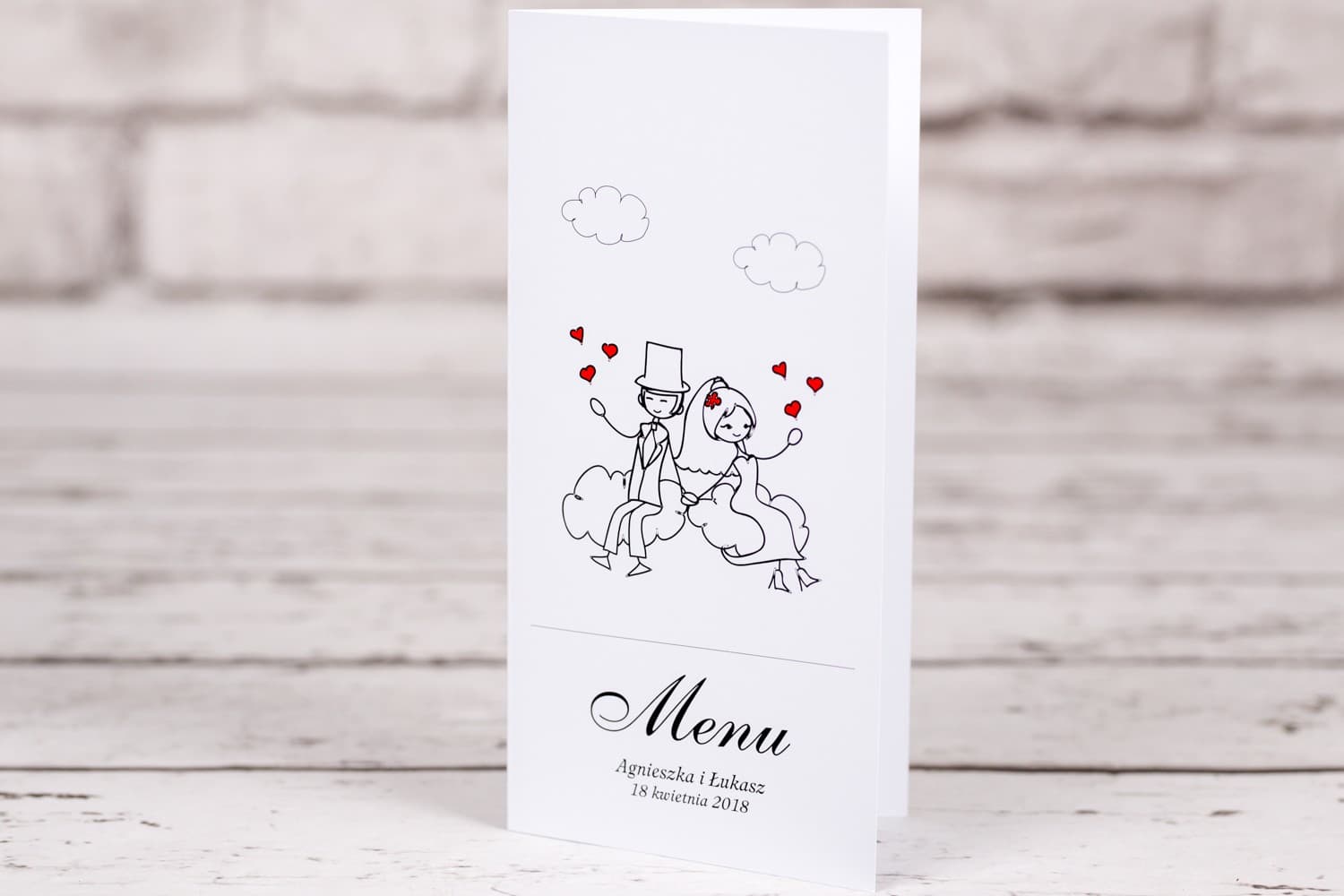 Menú de Boda Romántico con Dibujo de Novios | Cartas de Menú Verticales | Bueno nº 3