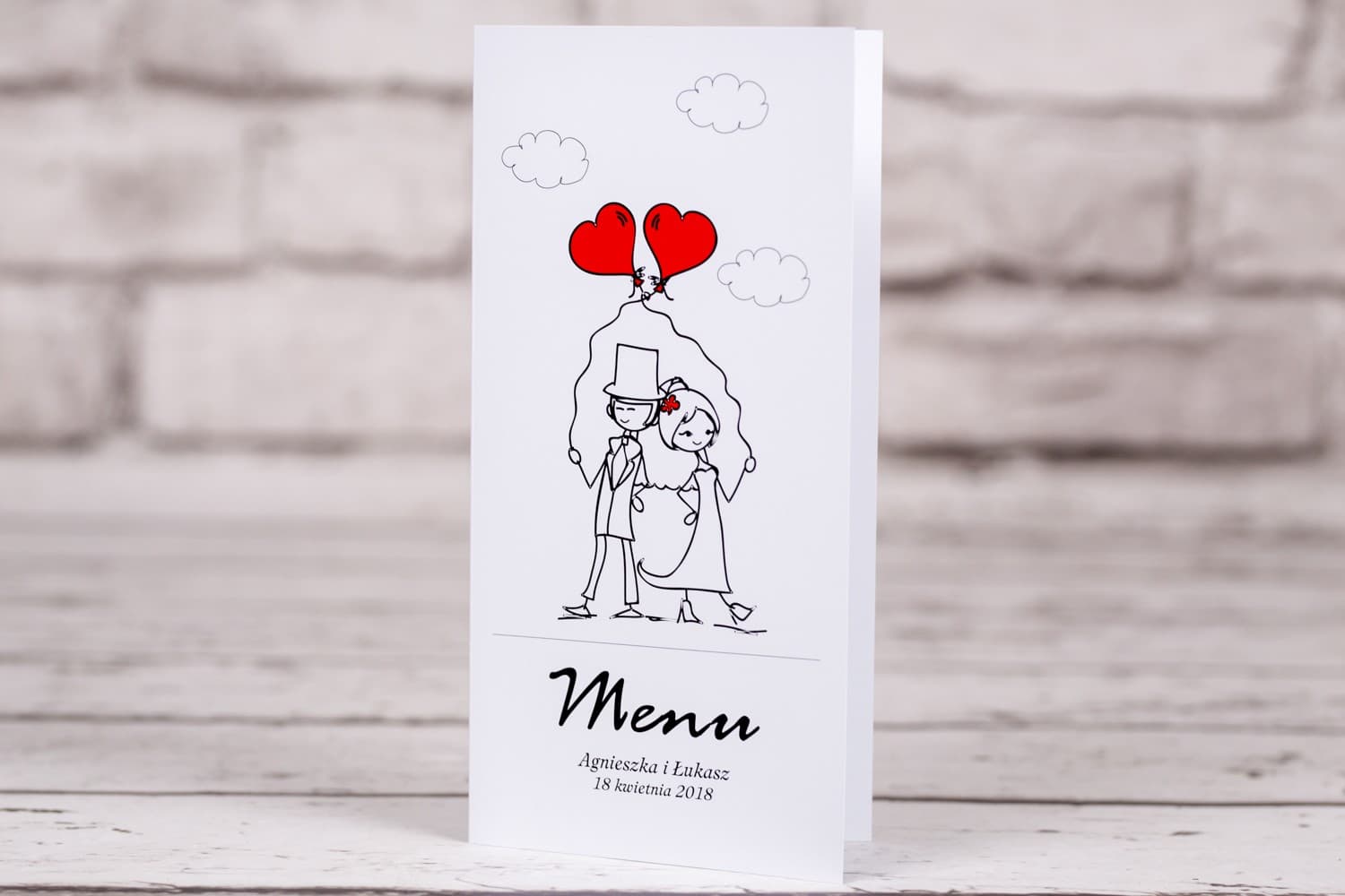 Składane Menu Weselne z Rysunkiem Pary Młodej, Czerwone Balony | Karta Menu na Stół Weselny | Bueno nr 6
