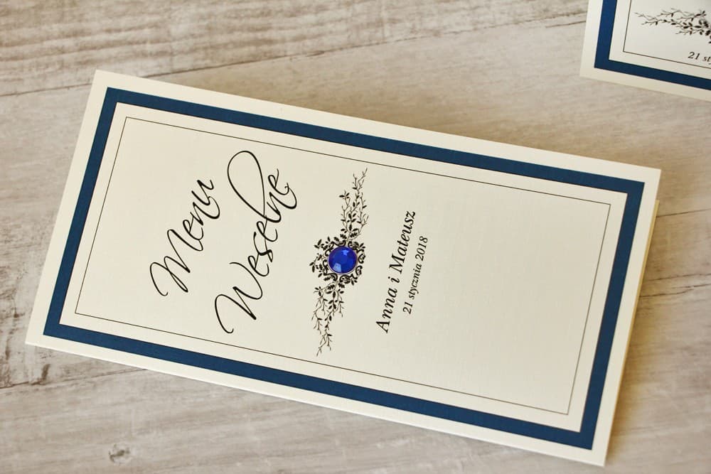 Elegante menú de boda con encaje azul marino y circonita, personalizado | Carta de menú para mesa de boda | Con Encaje
