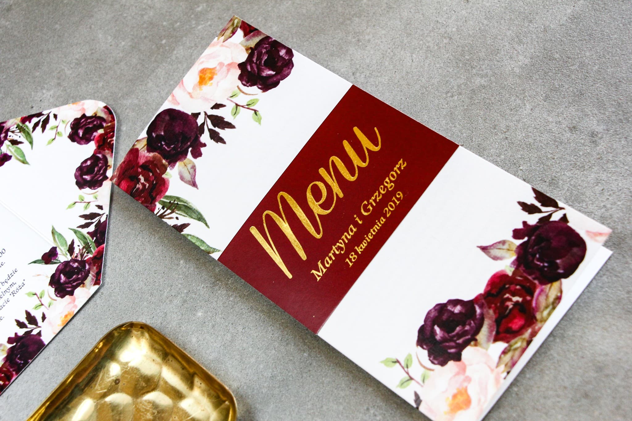 Menú de Boda Dorado con Rosa Burdeos | Carta de Platos Glamour | Lotaro n.º 3