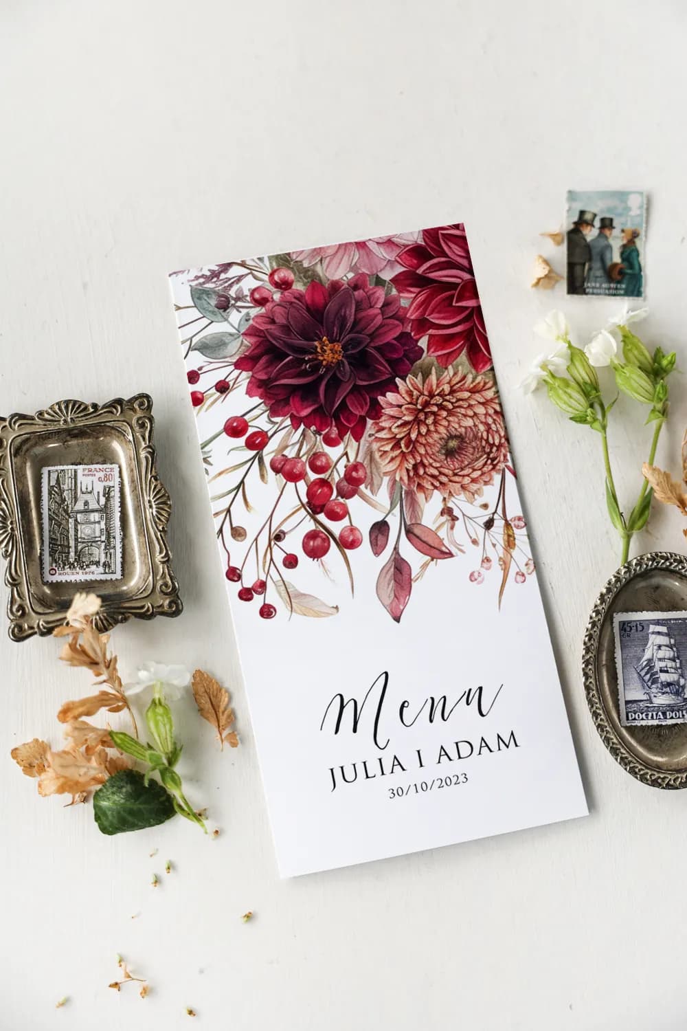 Elegante Menú de Boda con Peonías Borgoña, Plegable | Carta de Menú para Mesa | Impresión nº 6