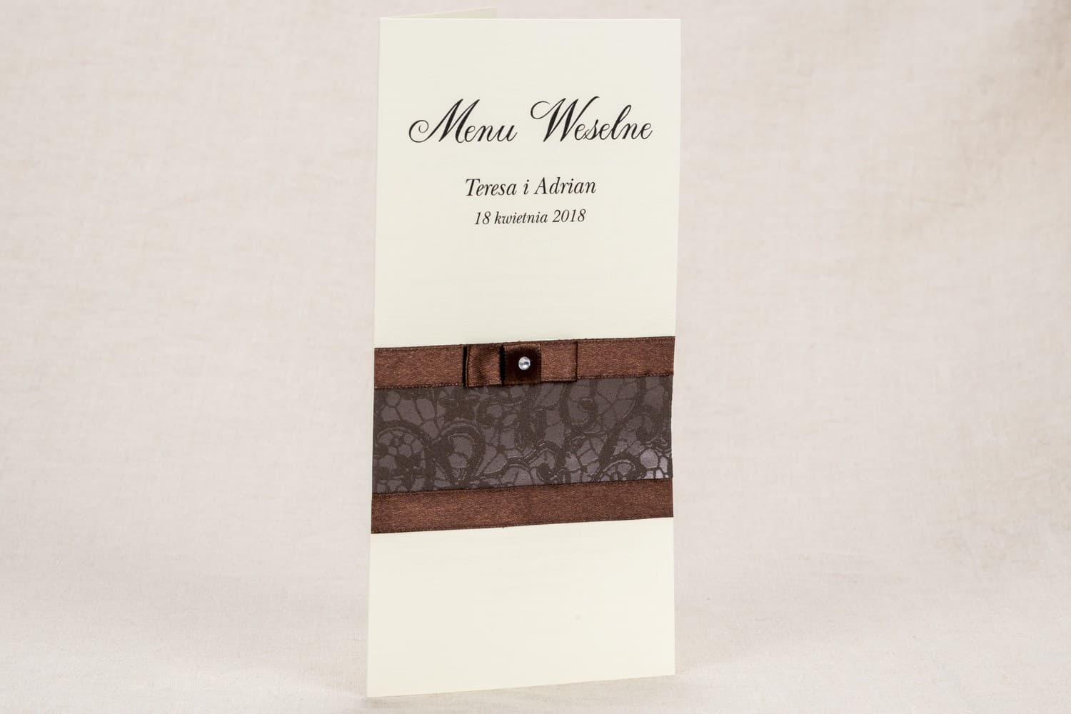 Menú de Boda Rústico con Encaje y Lazo | Elegante Carta de Platos para Mesa de Boda | Klaris No. 6