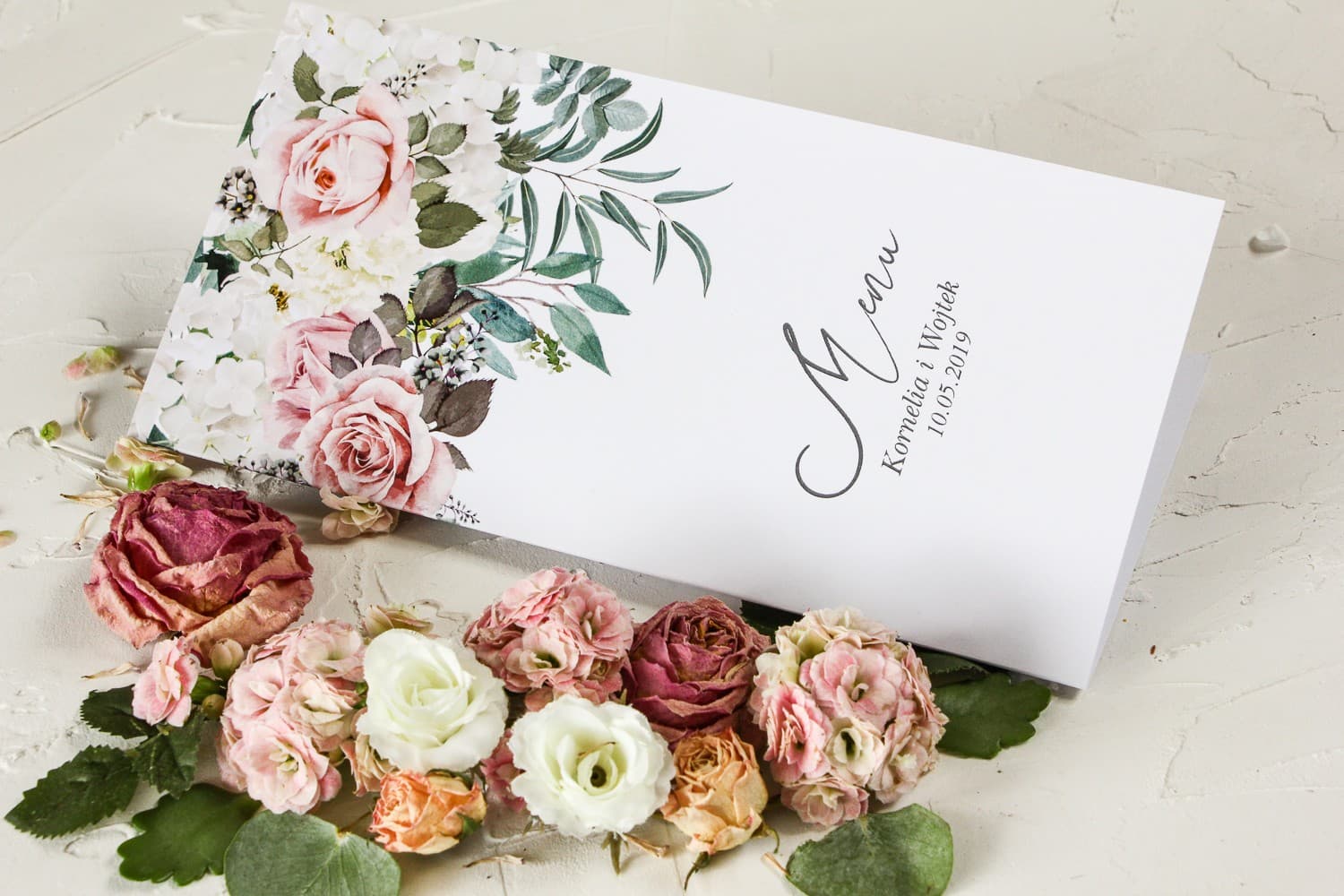 Menú de Boda Floral con Rosas y Hortensias | Elegante Carta de Platos | Wenis Nº 1