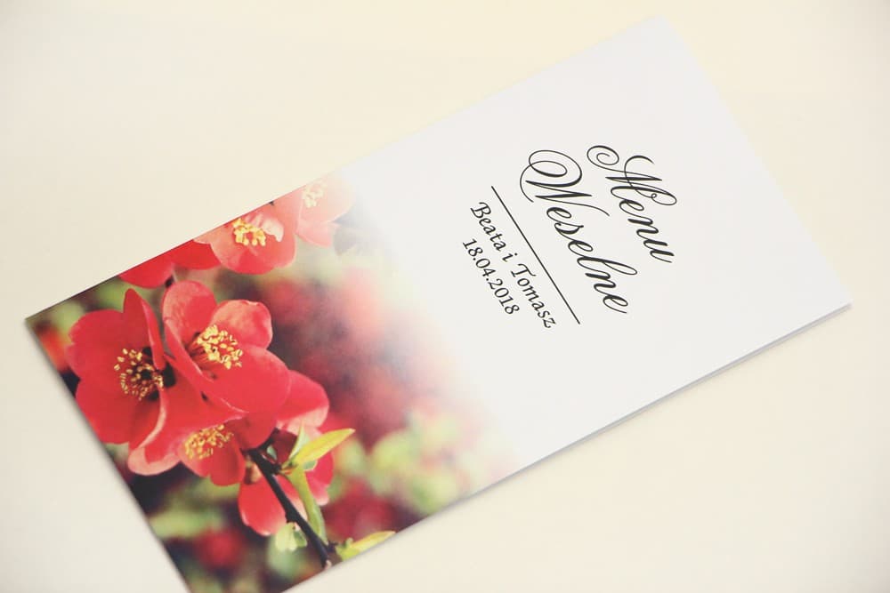 Menu de Mariage Élégant avec Fleurs de Cognassier Rouges | Carte de Menu de Table, Accessoires Personnalisés | Elegant n° 15