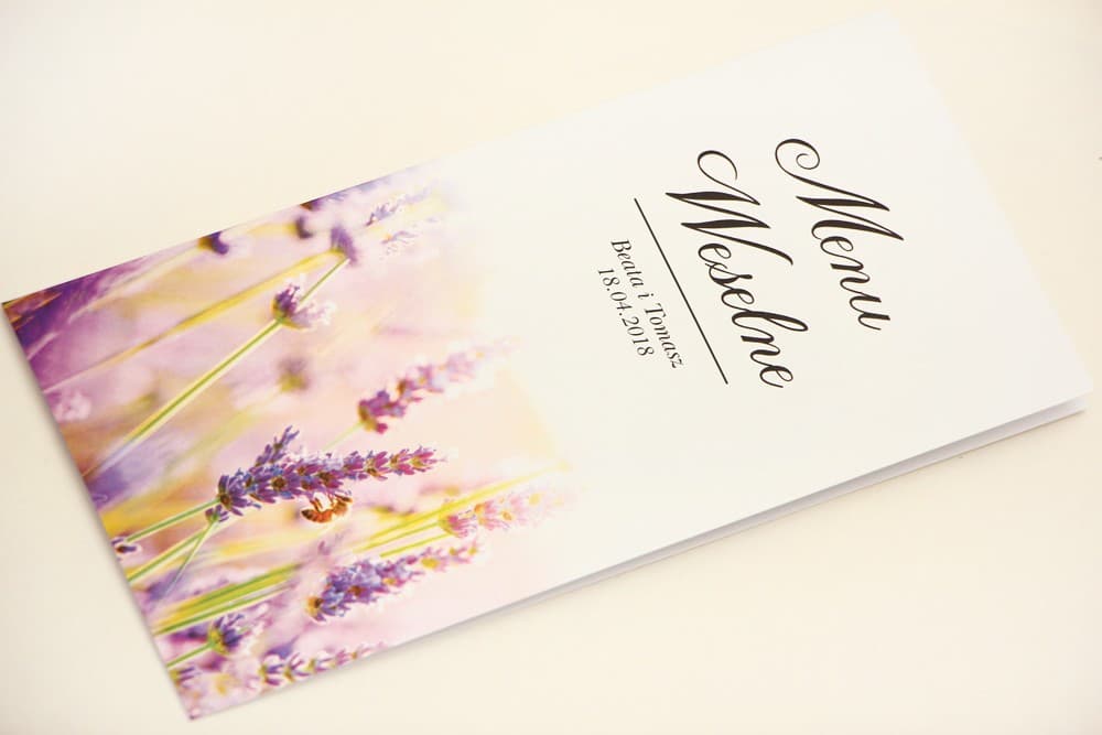 Menu weselne, stół weselny - Elegant nr 28 - Lawendowe pole - Eleganckie kwiatowe wzory - dodatki ślubne