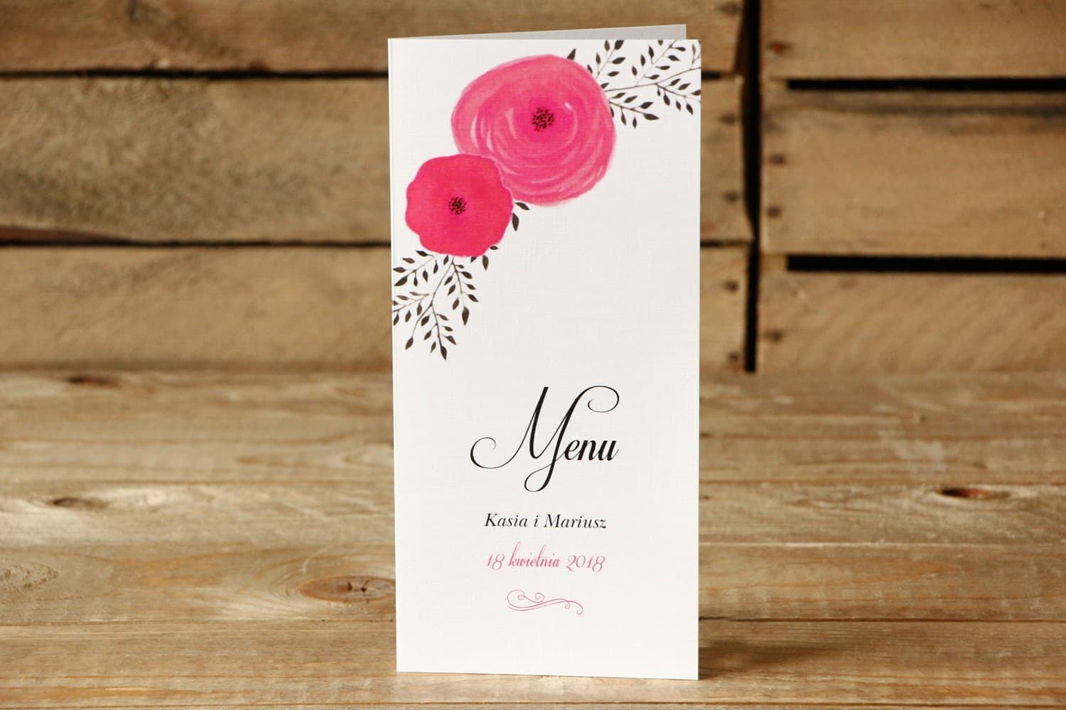 Menu de Mariage Autoportant Fleurs Amarante | Carte Menu pour Table de Mariage | Fleurs Peintes n° 19