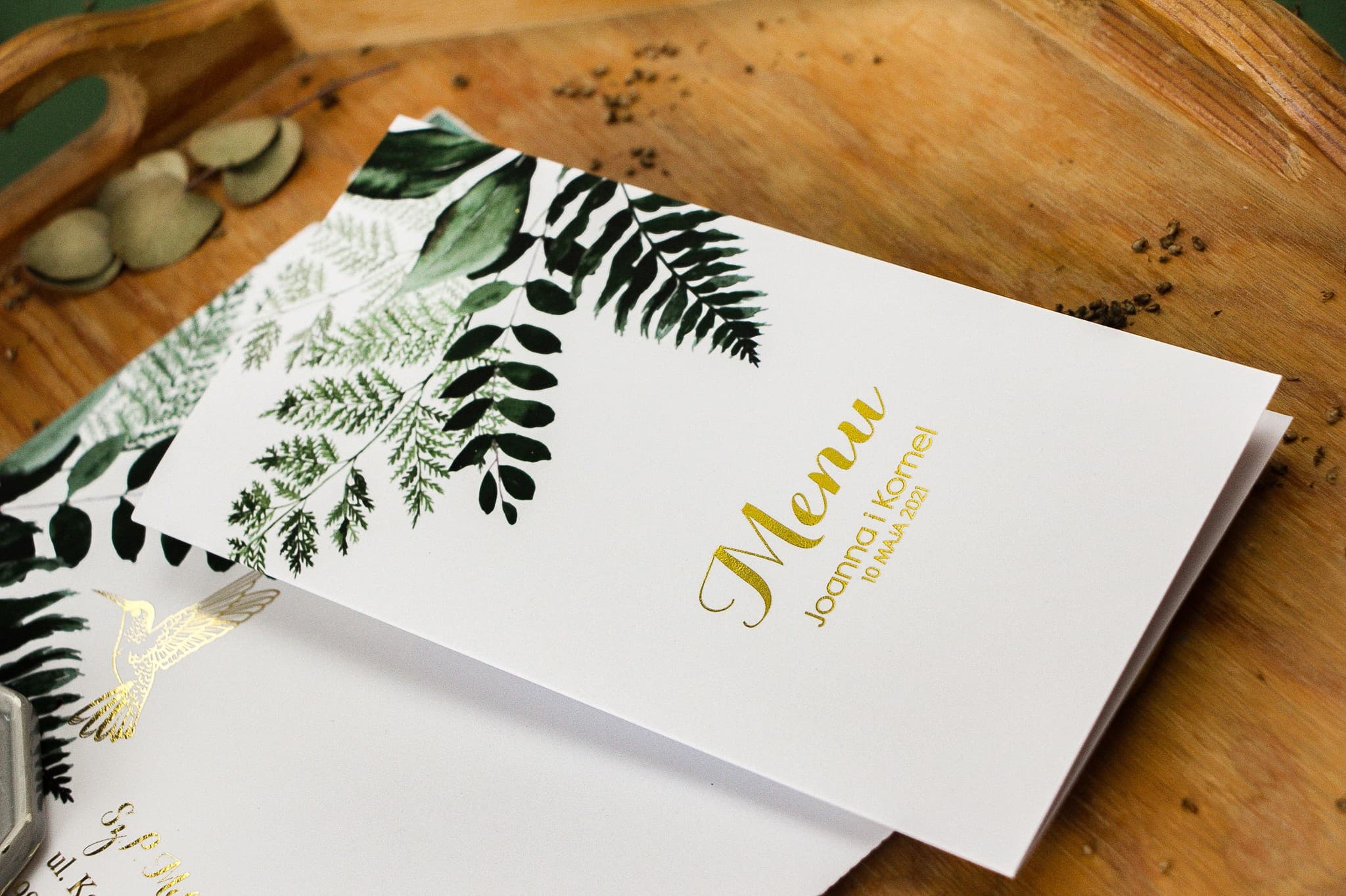 Menu de Mariage Doré Botanique Fougère | Menu Élégant pour Table de Mariage | Pattern n° 5