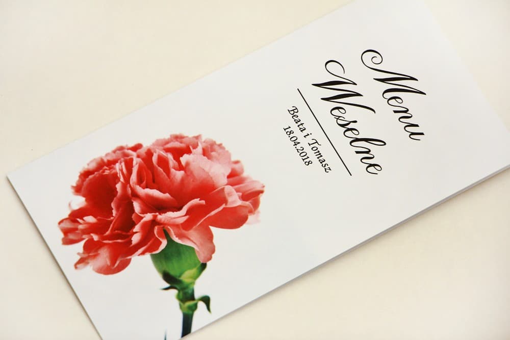 Menu de Mariage Élégant avec Motif Œillet Rose, Cartes de Menu Personnalisées | Menu de Table | Elegant n° 10