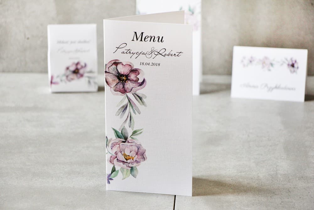 Menu de Mariage avec Lilas et Pivoines, Violet | Cartes Menu Élégantes, Papeteria Mariage | Pistacjowe n° 15
