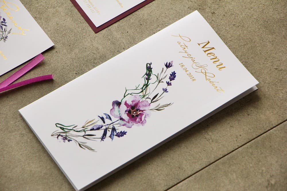 Menu di Nozze Dorato Fiori Viola | Carta dei Piatti Pieghevole per Tavolo | Cykade n. 9