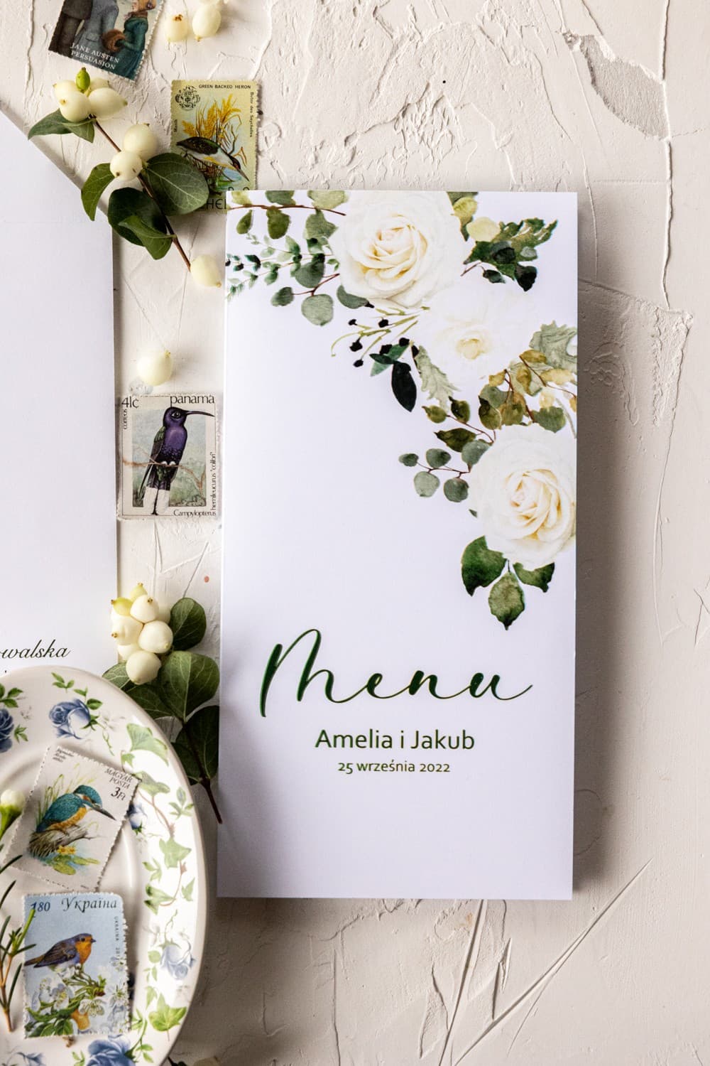 Elegante Menu Nuziale Pieghevole con Eucalipto e Rose | Carta dei Piatti per Tavolo Nuziale | Korani n. 12