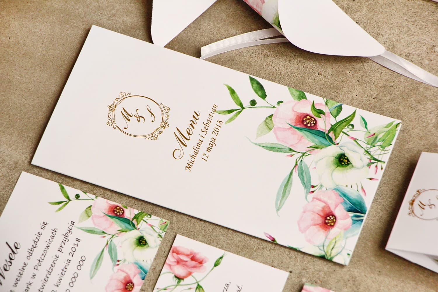 Złocone Menu Weselne z Eustomą i Kwiatami | Elegancka Karta Menu na Stół Weselny | Sorento nr 8