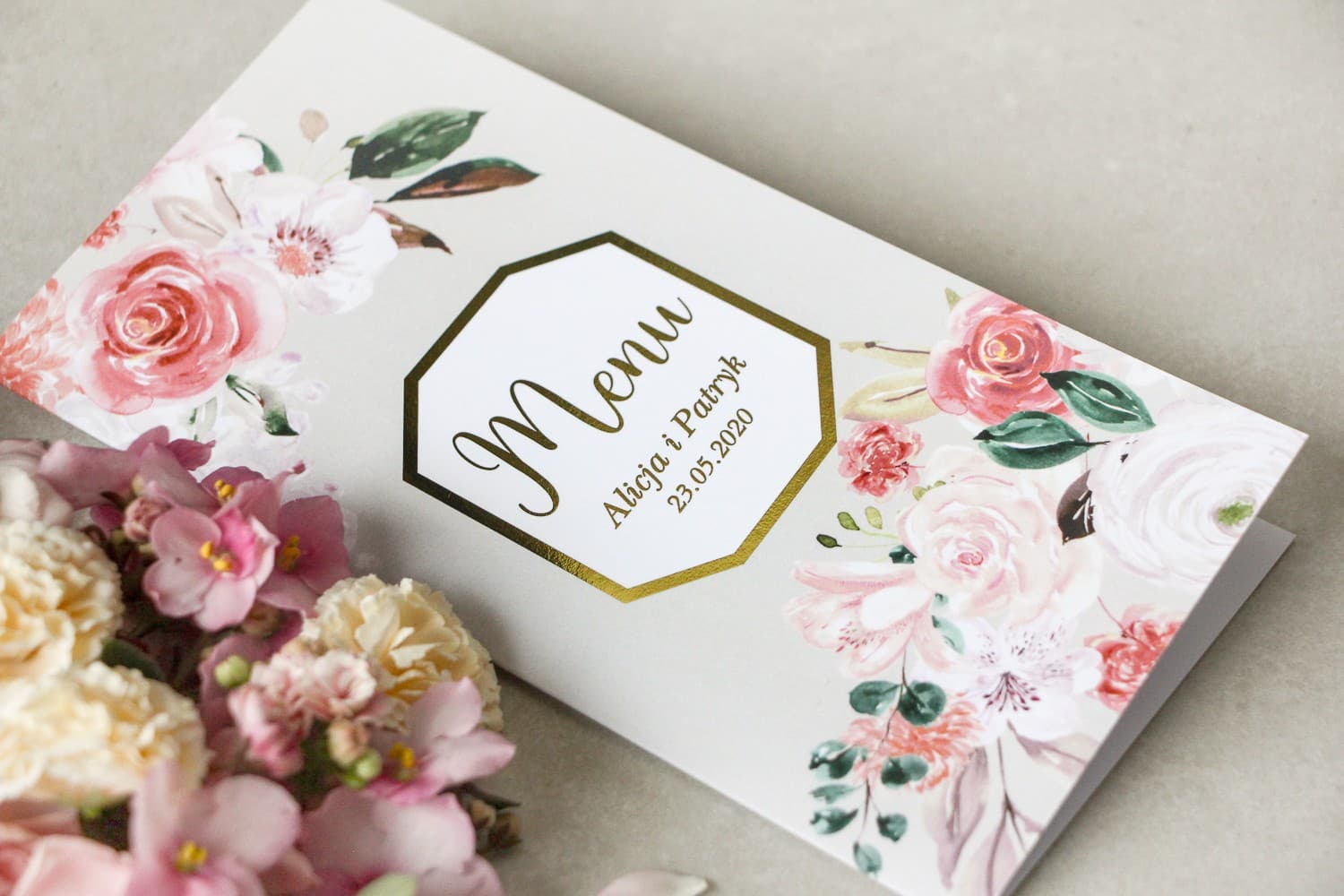 Menu na Stół Weselny z Złoceniami | Róże i Lilie w Szarości | Lotus Nr 1