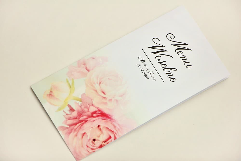 Florale Hochzeitsmenükarte mit Pfingstrosen, Pastellrosa | Tischkarte, Menükarte stehend | Elegant Nr. 4