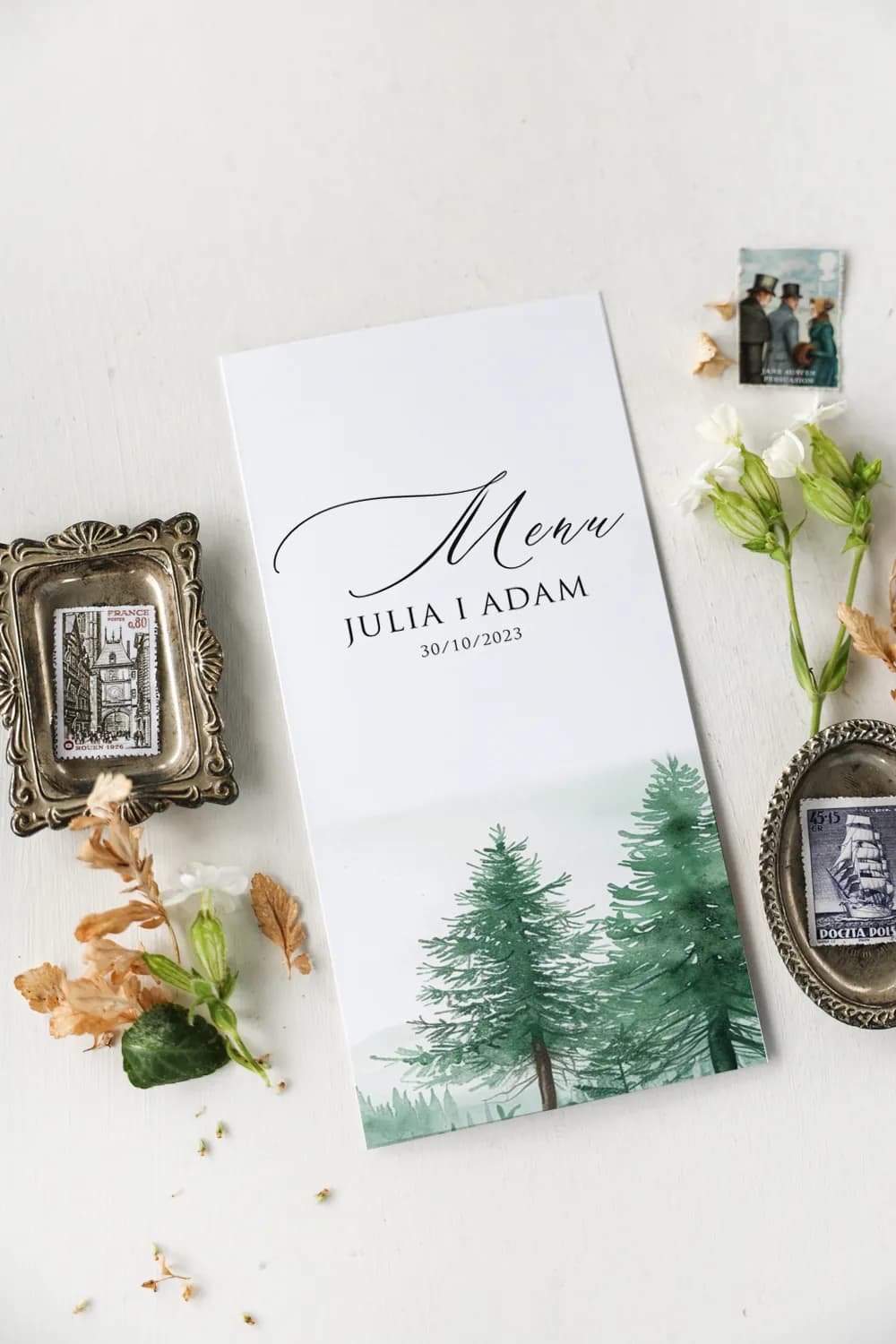 Hochzeitsmenü Wald im Nebel, Grüne Elegante Menükarten | Menükarte im Wald-Stil | Kollektion Impresja Nr. 8