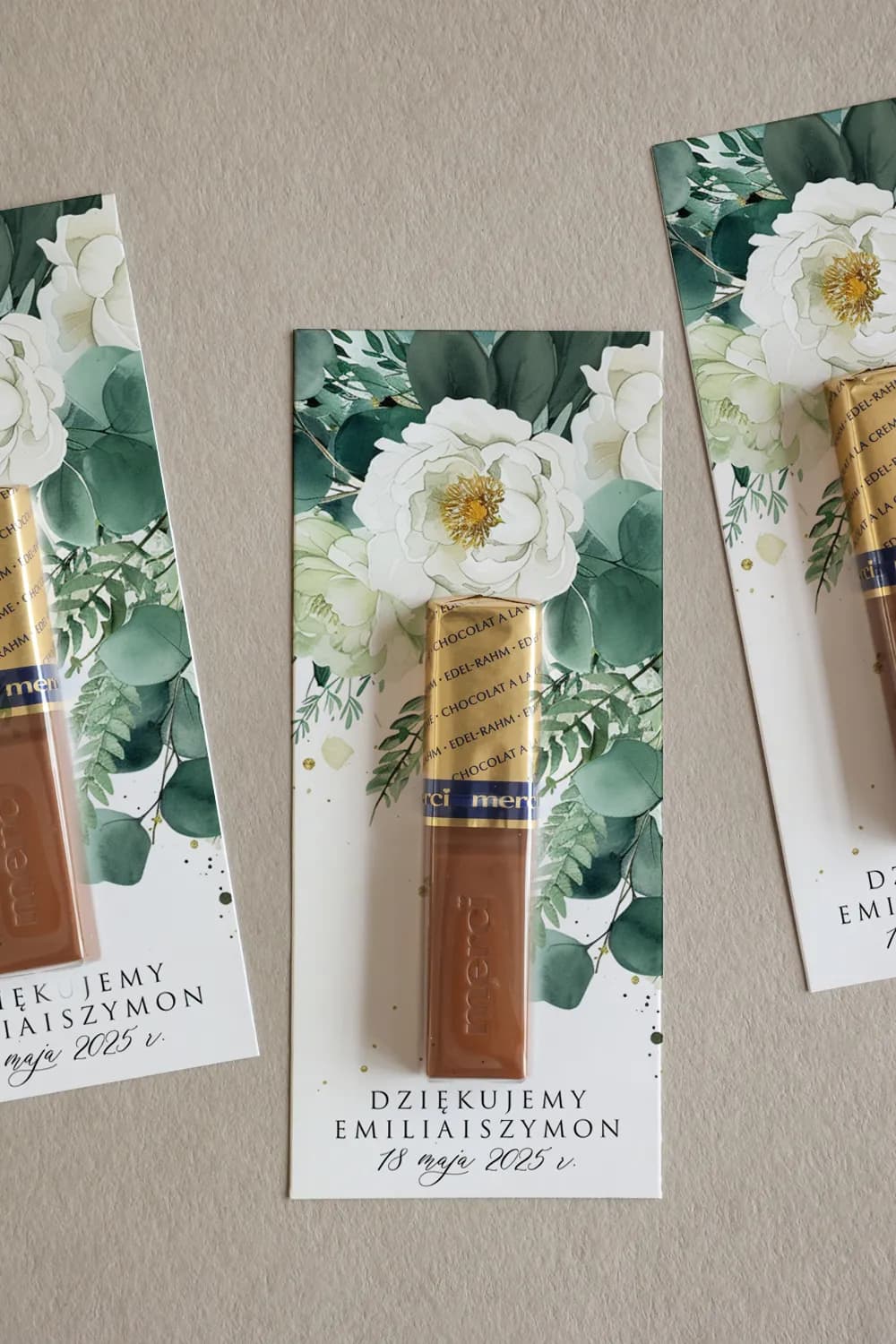 Elegant Merci Chocolate Wedding Favours, White Roses | Personalised Guest Gifts | Impresja No. 9