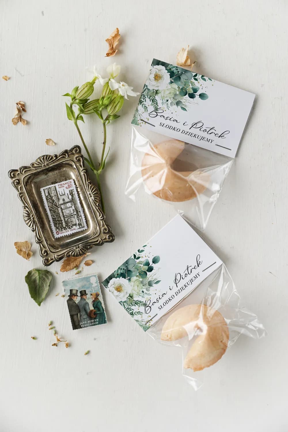 Glückskeks mit eigenem Text, weiße Blumen | Gastgeschenke zur Hochzeit | Kollektion Impresja Nr. 9
