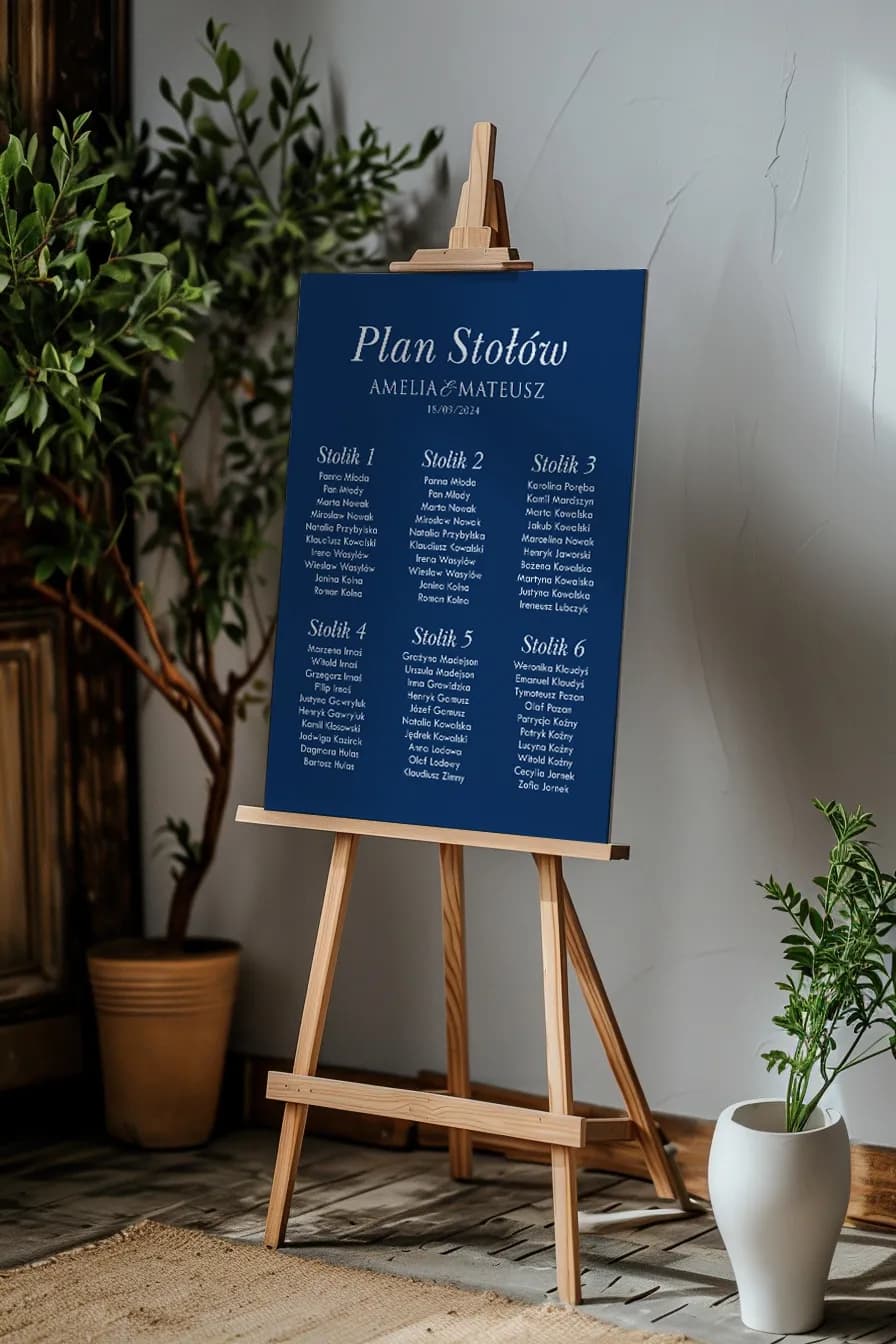 Moderner Sitzplan auf dunkelblauem Hintergrund, schlichte Schrift | Gästetafel zur Hochzeitsplanung | Kraft Nr. 7