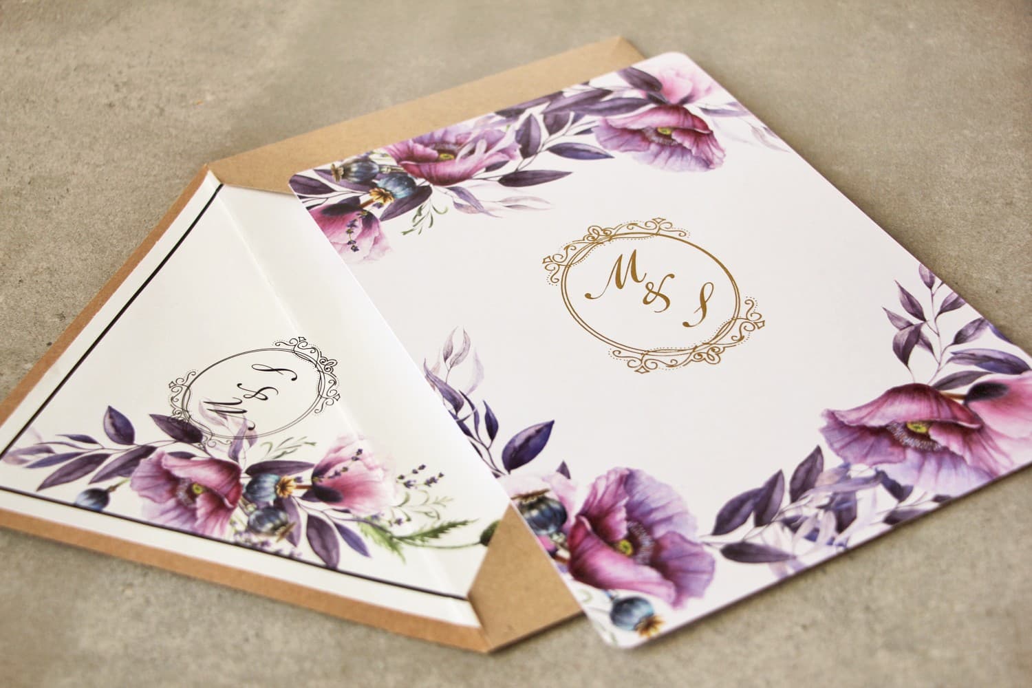 Modern Wedding Invitations with Purple Poppies, Lavender and Gold Foiling | Sorento No. 15