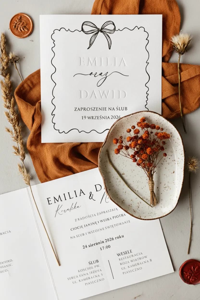 Minimalistische Hochzeitseinladungen mit Namensprägung - Amuso Nr. 4 Nahaufnahme der geprägten Namen des Brautpaares auf weißem Öko-Papier mit gezeichnetem Rahmen.