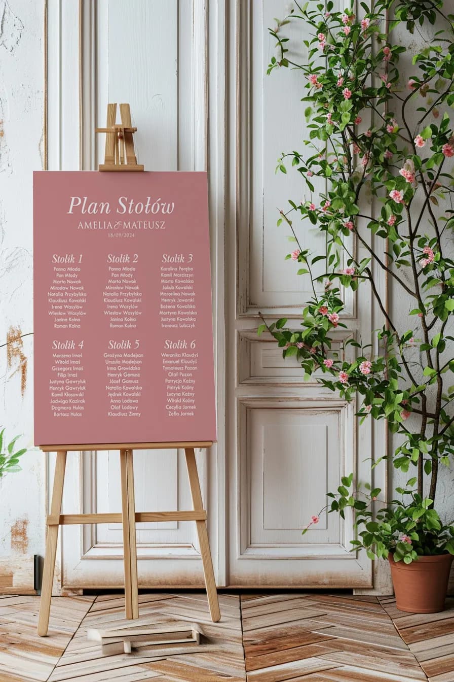 Moderner Sitzplan Hochzeit Rosa | Übersichtliche Gästetafel auf PVC oder Acrylglas | Kraft Nr. 9