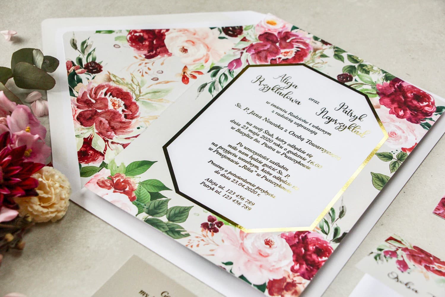 Muestra de Invitación con Peonías y Dorado | Muestras de Invitaciones de Boda Geométricas | Lotus n.º 2