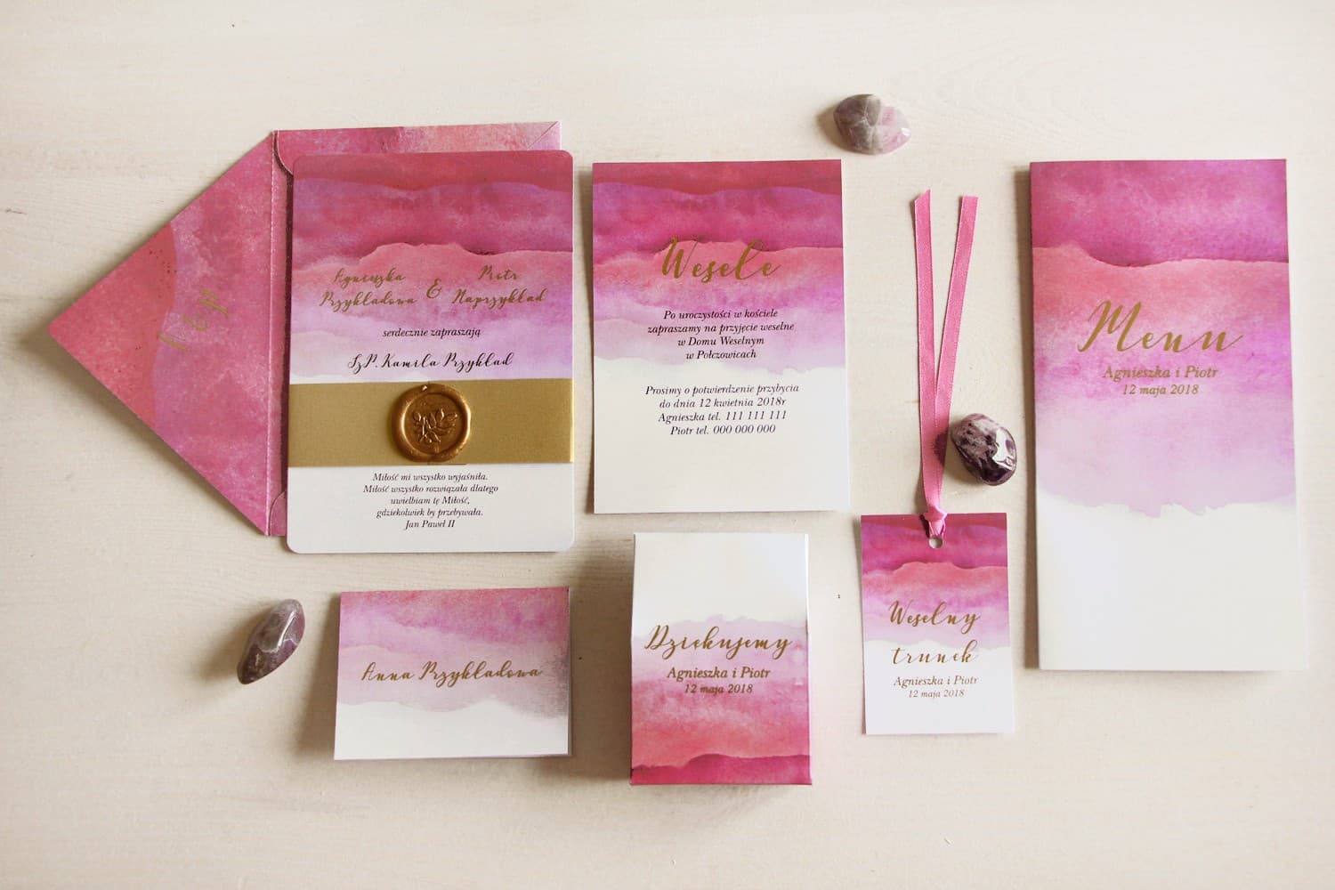 Muestras de Invitaciones de Boda Flores Rosas | Set con Dorado y Lacre | Delfina n.º 5