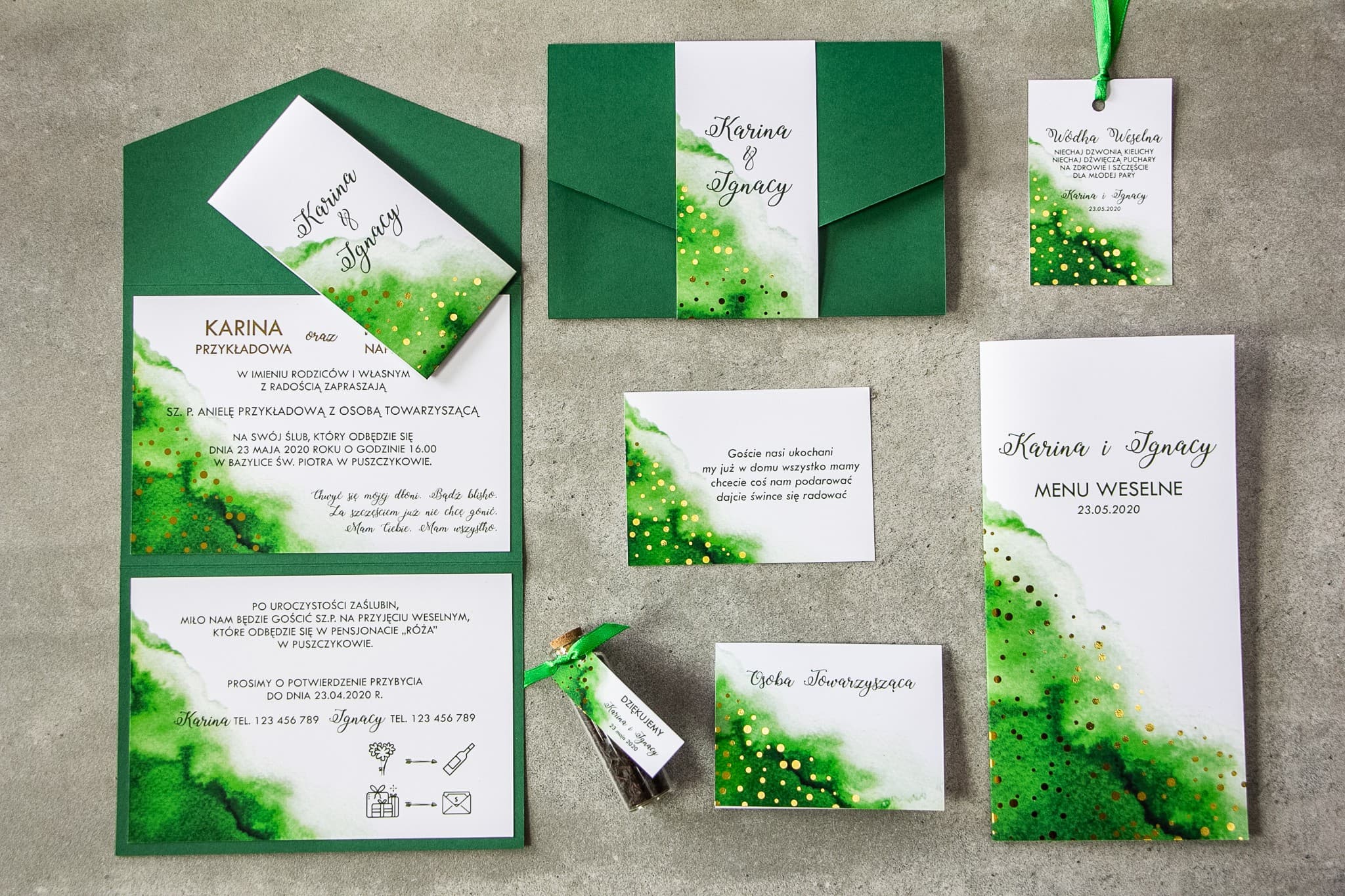 Muestras de Invitaciones Verde Botella Puntos Dorados | Set de Papelería de Boda | Bakarto n.º 4
