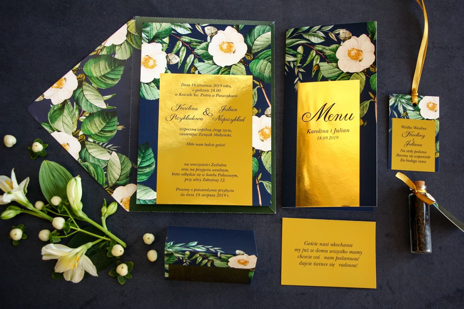 Muestras de Invitaciones de Boda Glamour Azul Marino Dorado | Set de Prueba de Papelería | Laura nº 2