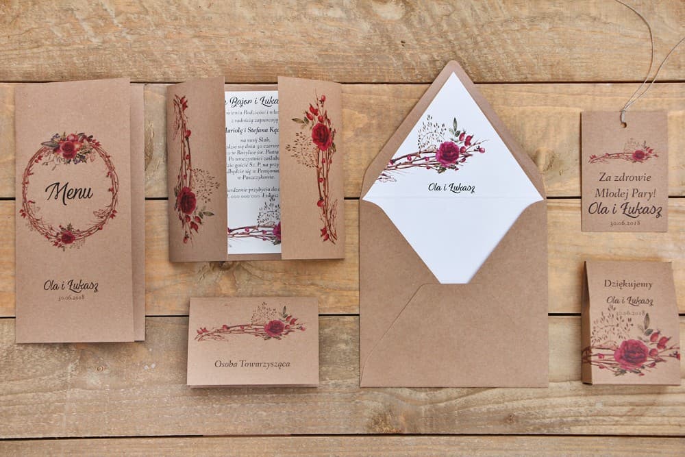 Set de Muestras de Papelería de Boda Rústica con Cupón | Muestras de Invitaciones de Boda, Marcasitios, Menú | Owoce Leśne nº 7