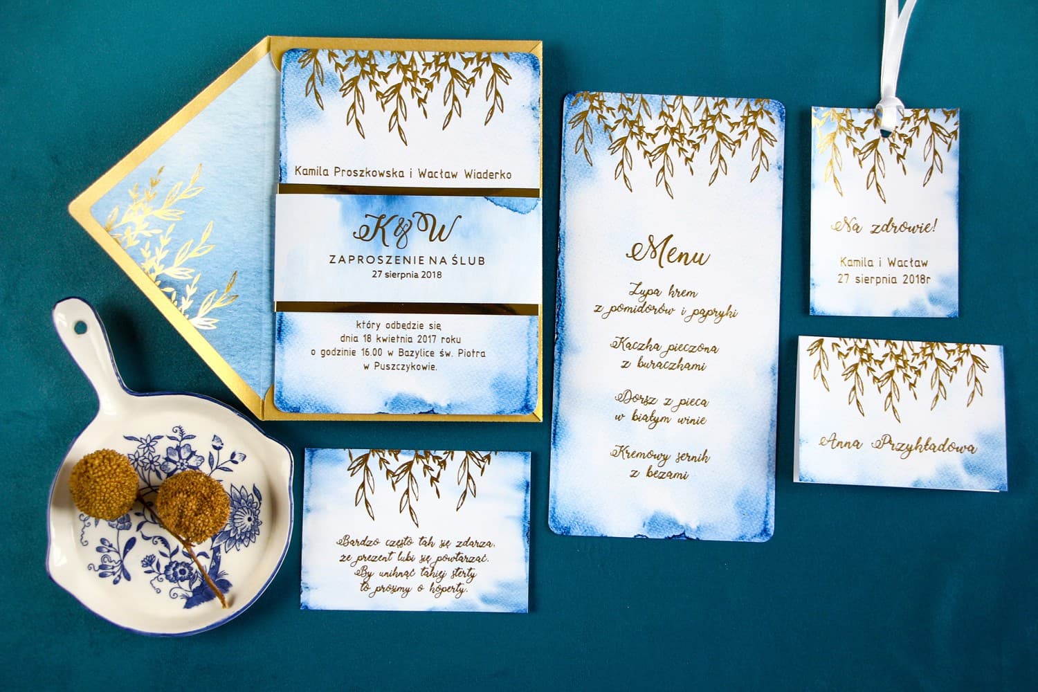 Muestras de Invitaciones de Boda Azules con Dorado | Set de Prueba de Papelería Glamour | Kamira n.º 3
