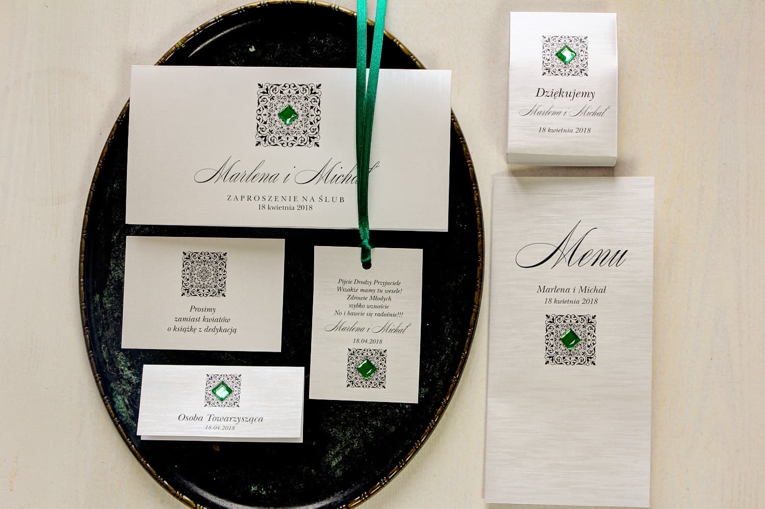 Silberne Musterkarten mit Ornament & Smaragd | Muster-Set Hochzeitspapeterie | Brenet Nr. 3