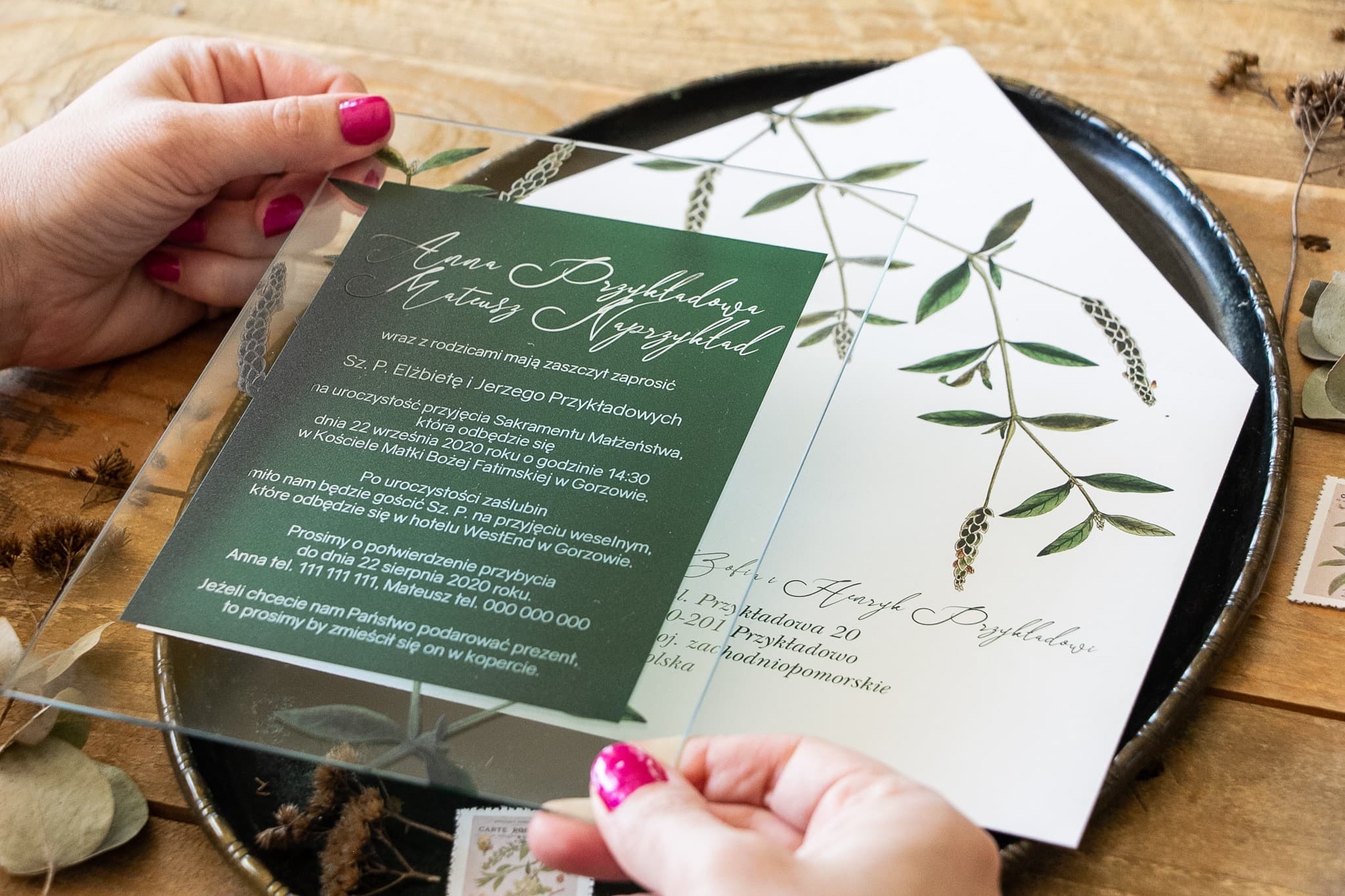 Muster – Hochzeitseinladung auf Glas Korani Nr. 9 – Tannengrün