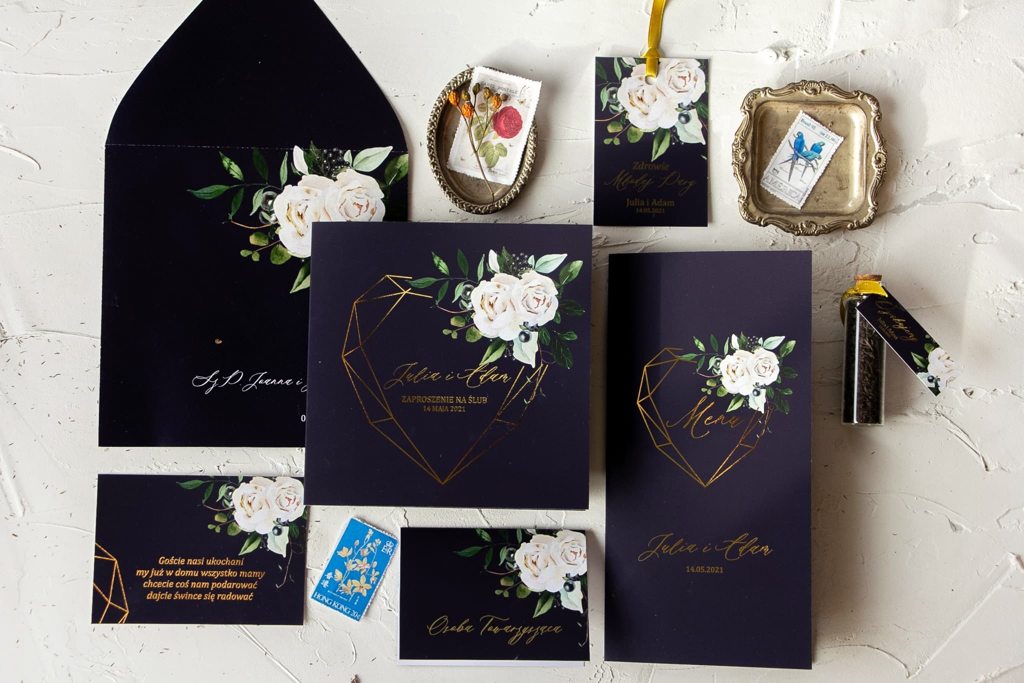 Muster Hochzeitseinladungen Dunkelblau Gold | Muster-Set Hochzeitspapeterie | Szafirowe Nr. 7