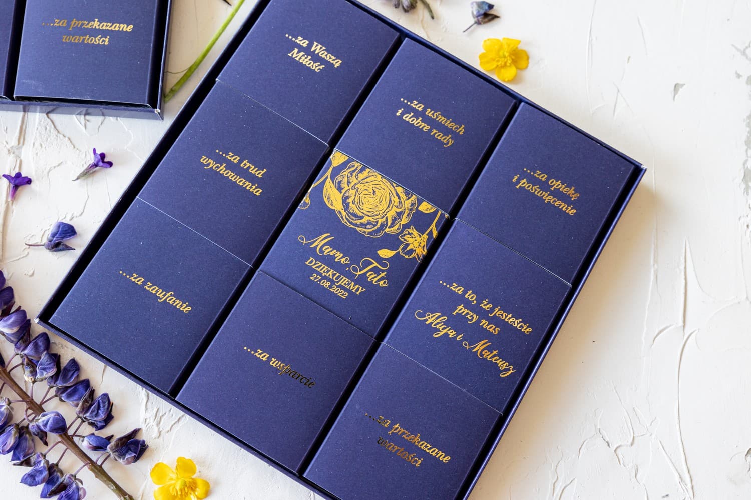 Elegant Navy Blue Chocolate Box with Gold Foil | Personalized Parents' Wedding Thank You Gift | Onyx No. 4