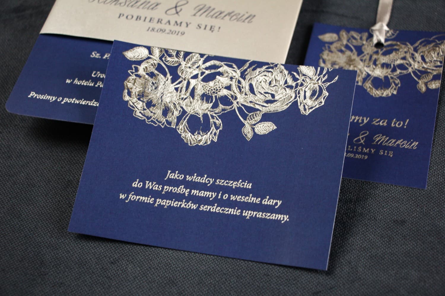 Elegant Silver Foiled Invitation Inserts | Navy Blue Glamour Wedding Enclosure Cards | Mikado No. 1