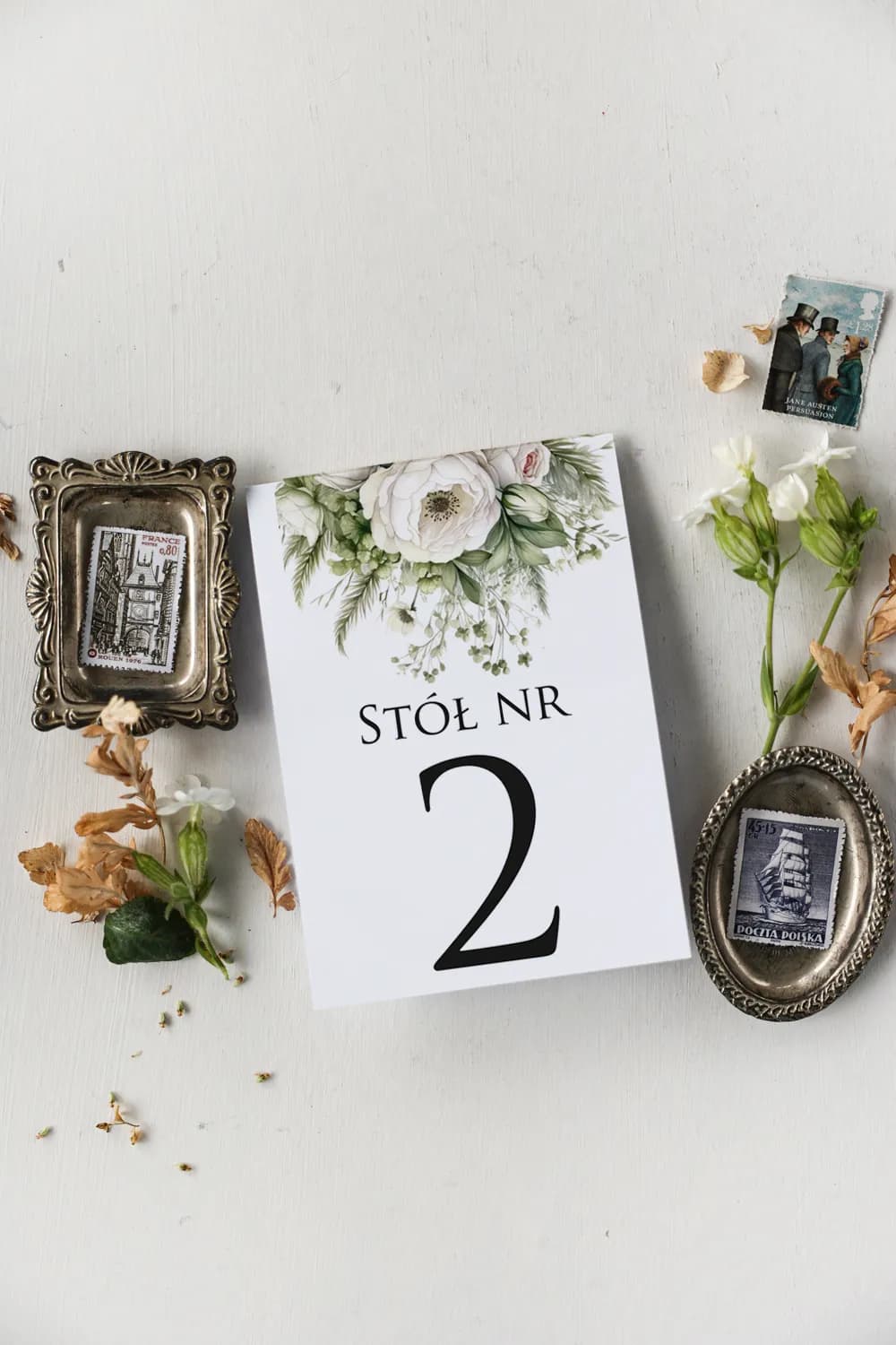 Numero tavolo con peonie rosa e bianco Impresja n. 3 Elegante motivo floreale bianco-rosa su numero tavolo nuziale | Impresja n. 3