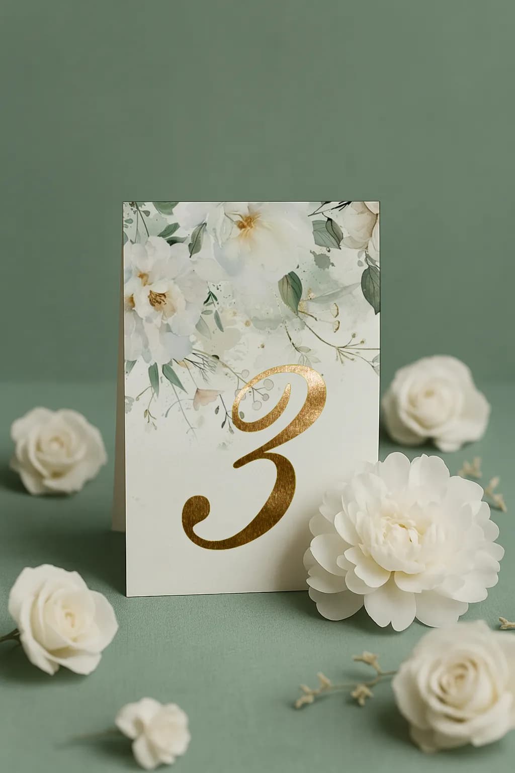 Numero tavolo dorato con anemoni bianchi – Ruskus n. 6